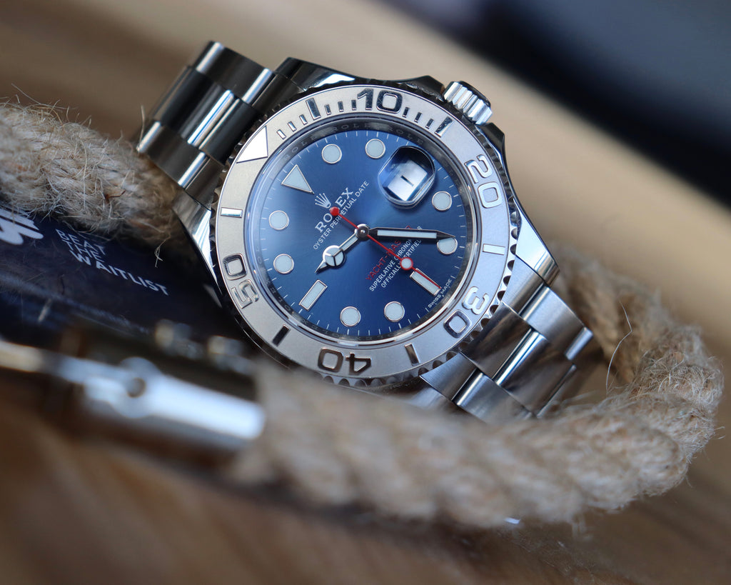 rolex yacht master blue dial on wrist